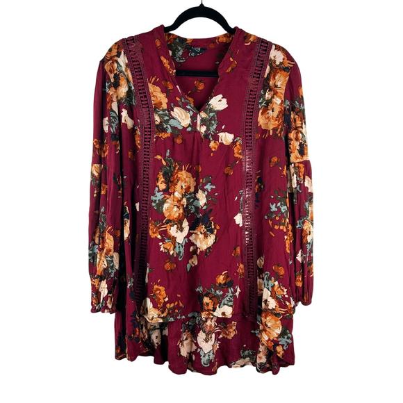 Perch by Blue Pepper‎ Burgundy Floral Gauzy Blouse High-Low Hem Size 3X - Picture 2 of 8
